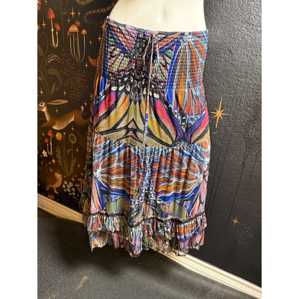 Lapis Butterfly Wing Print Convertible Smocked Midi Skirt Halter Dress Medium